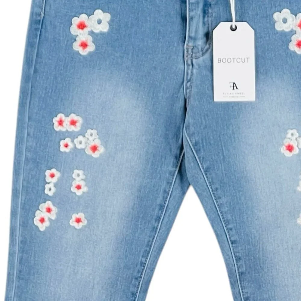 NWT FLYING ANGEL Women's Blue Jeans Size 9/29 Flower Embroidery Boot Cut Stretch - Picture 7 of 15